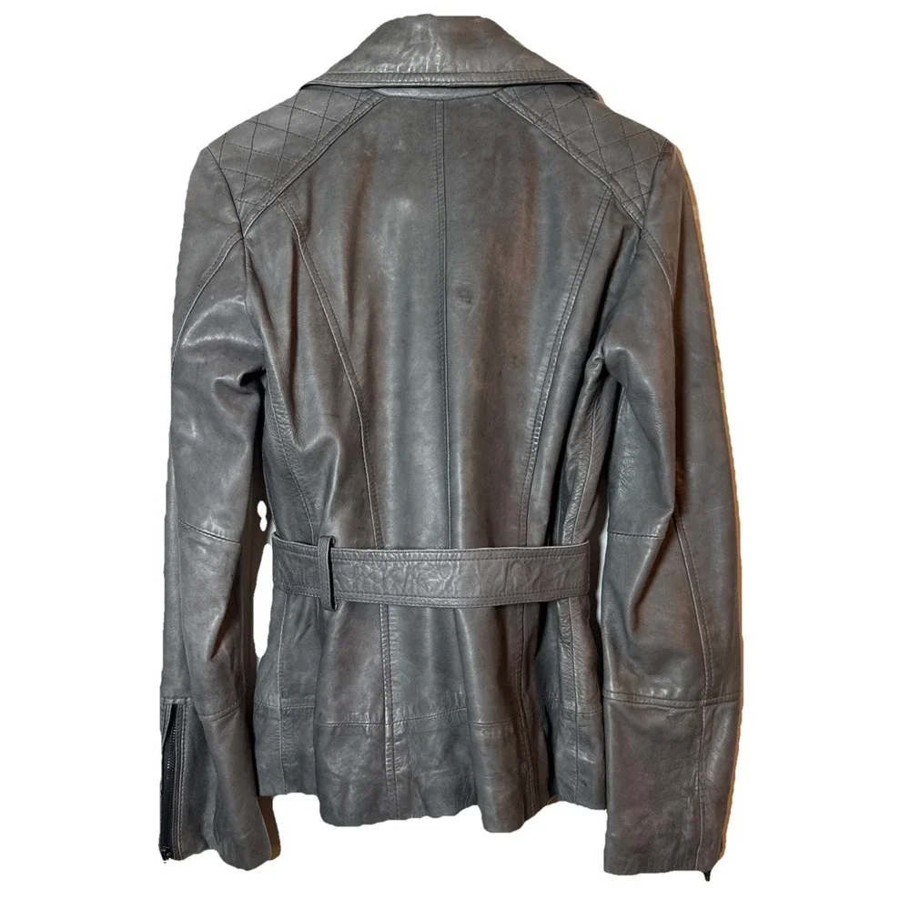 Marc New‎ York Andrew Marc Gray Leather Moto Jacket Womens S Belted Zip